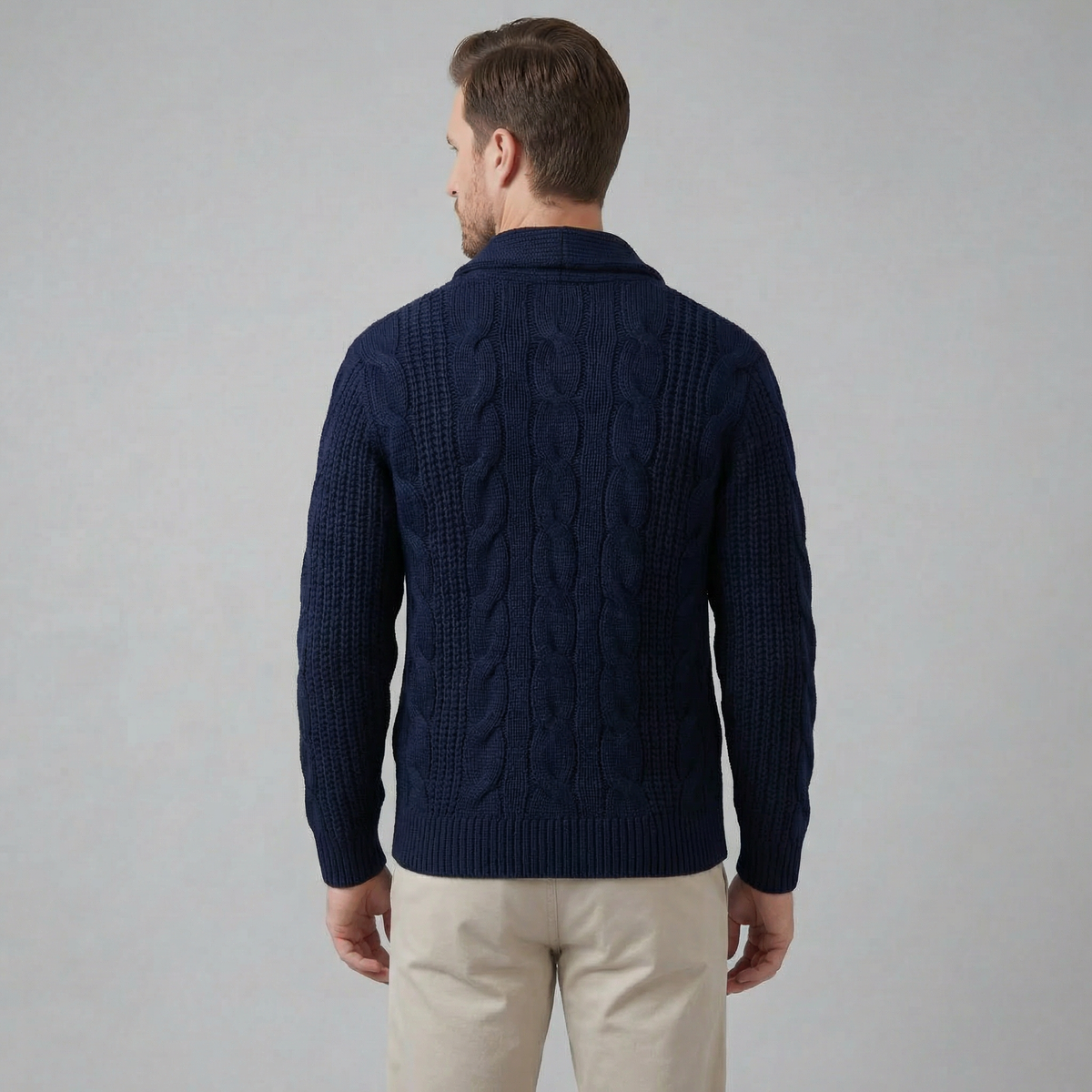 Men's cable knit shawl collar cardigan with button front