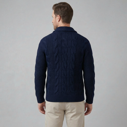 Men's cable knit shawl collar cardigan with button front