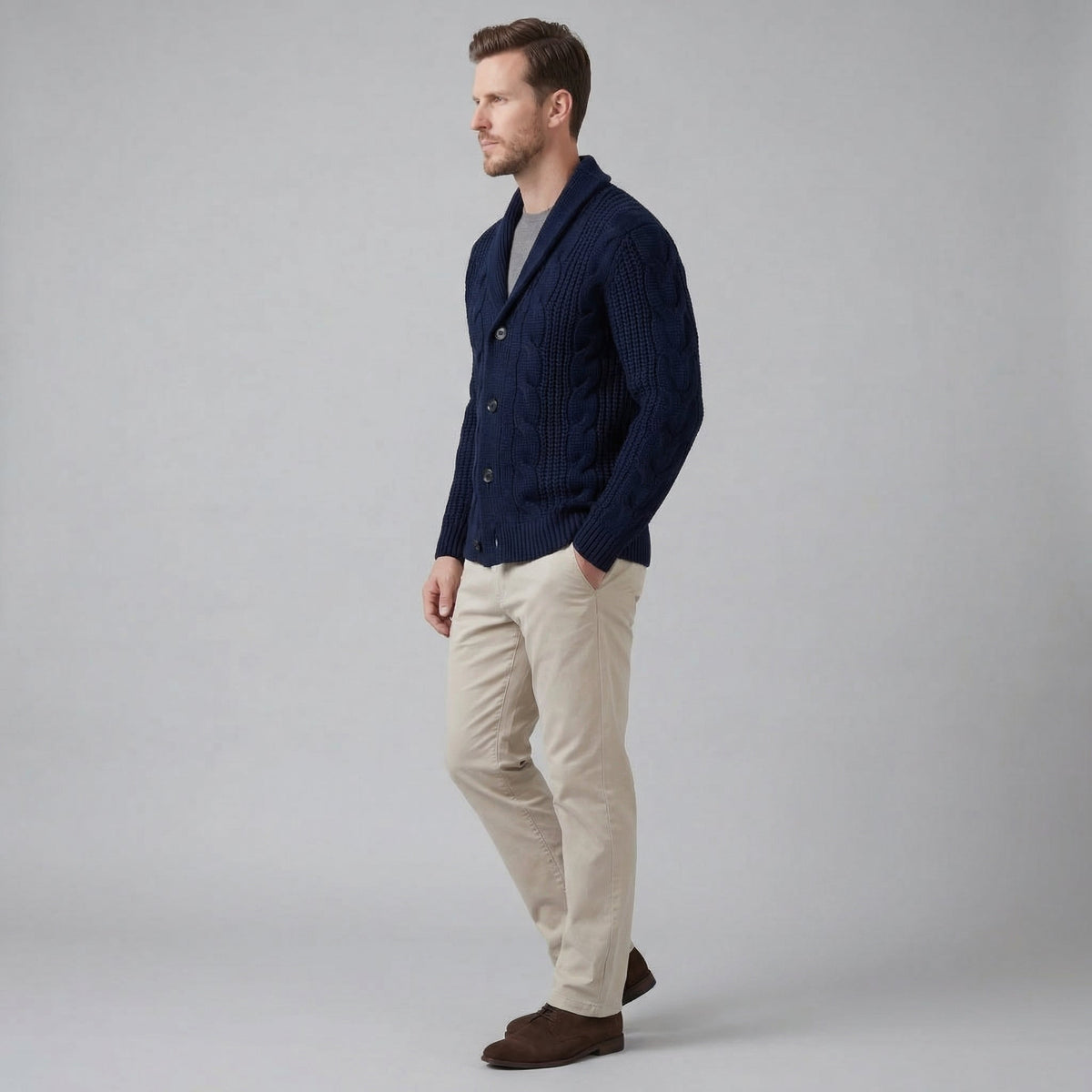 Men's cable knit shawl collar cardigan with button front