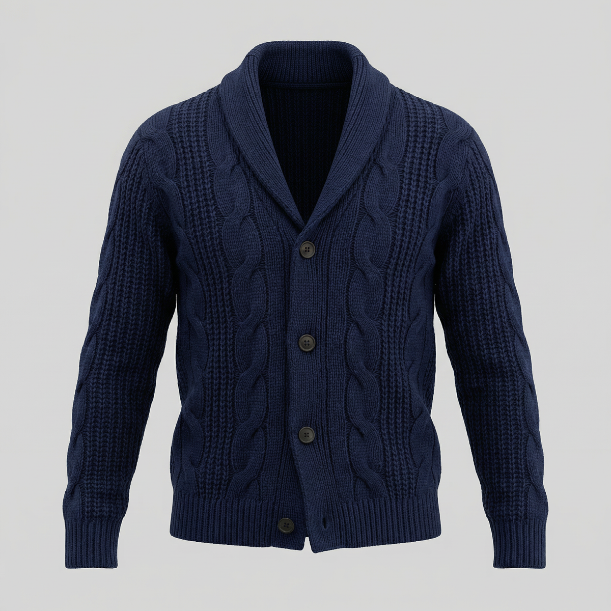 Men's cable knit shawl collar cardigan with button front