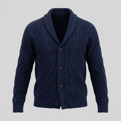 Men's cable knit shawl collar cardigan with button front
