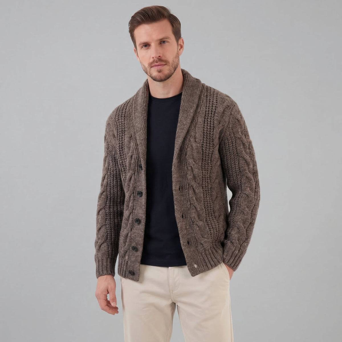 Men's cable knit shawl collar cardigan with button front