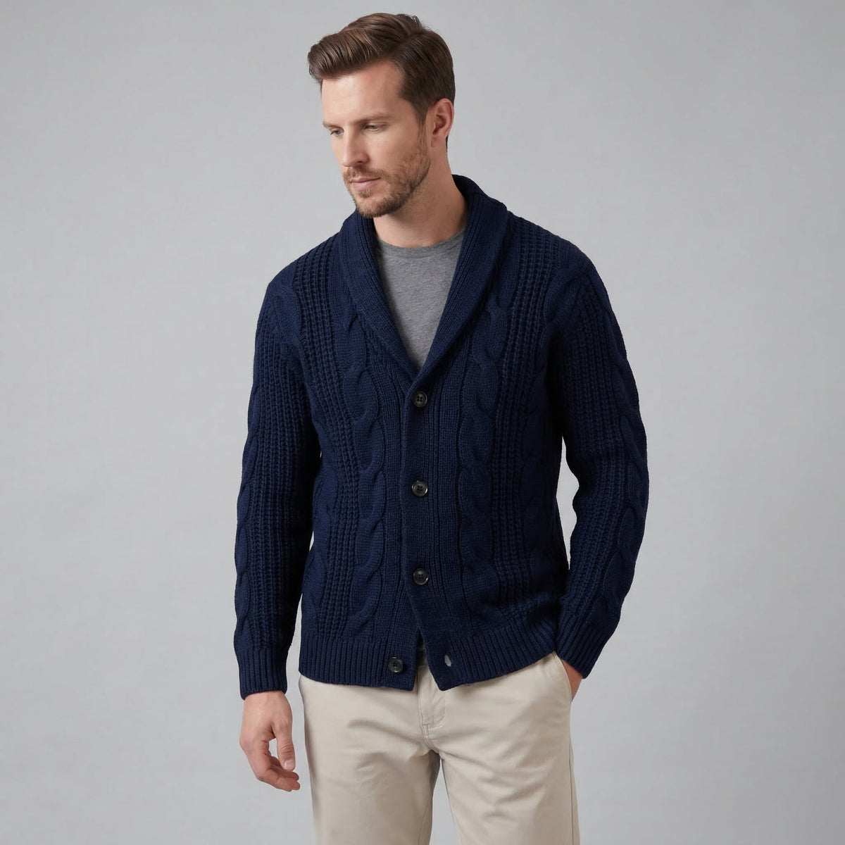 Men's cable knit shawl collar cardigan with button front