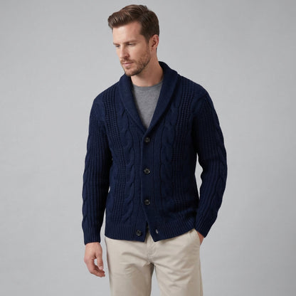 Men's cable knit shawl collar cardigan with button front