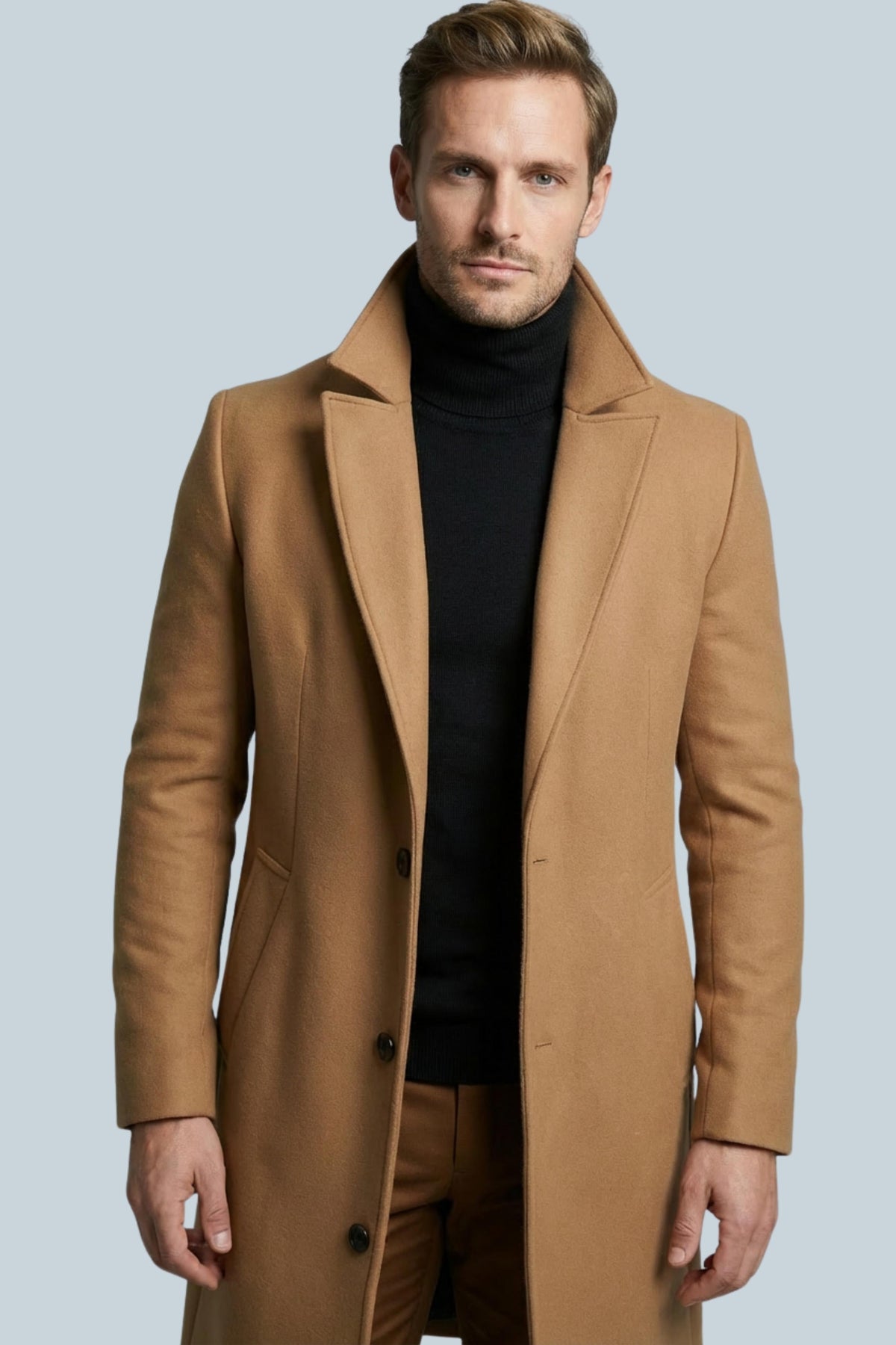 Men's slim fit long formal coat with notched lapels, button front and side pockets