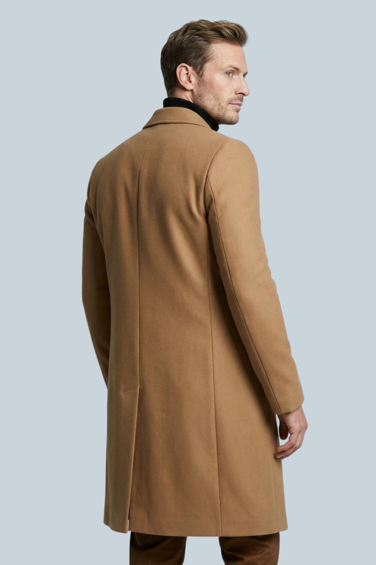 Men's slim fit long formal coat with notched lapels, button front and side pockets