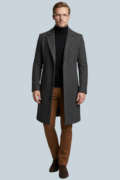 Men's slim fit long formal coat with notched lapels, button front and side pockets