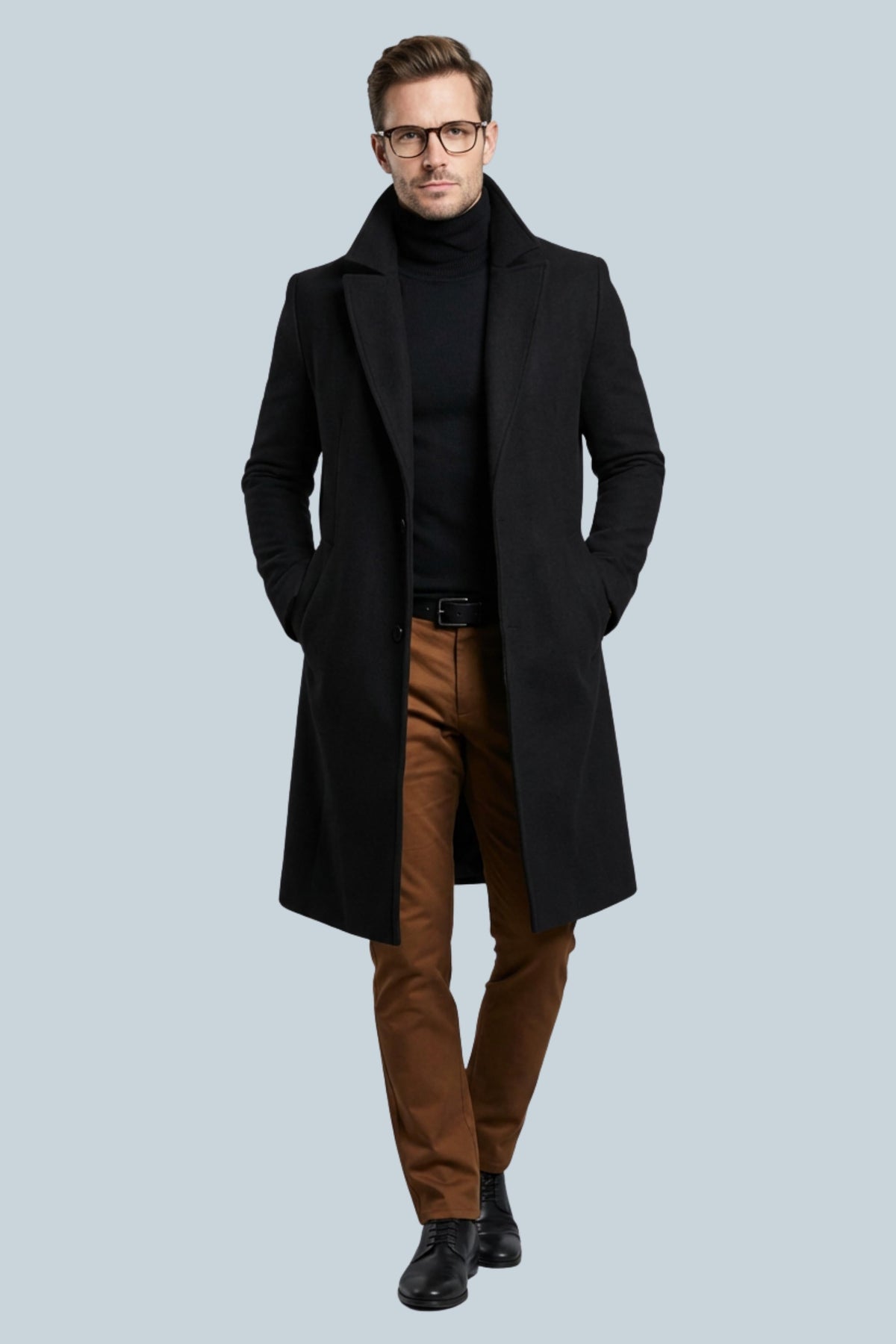 Men's slim fit long formal coat with notched lapels, button front and side pockets