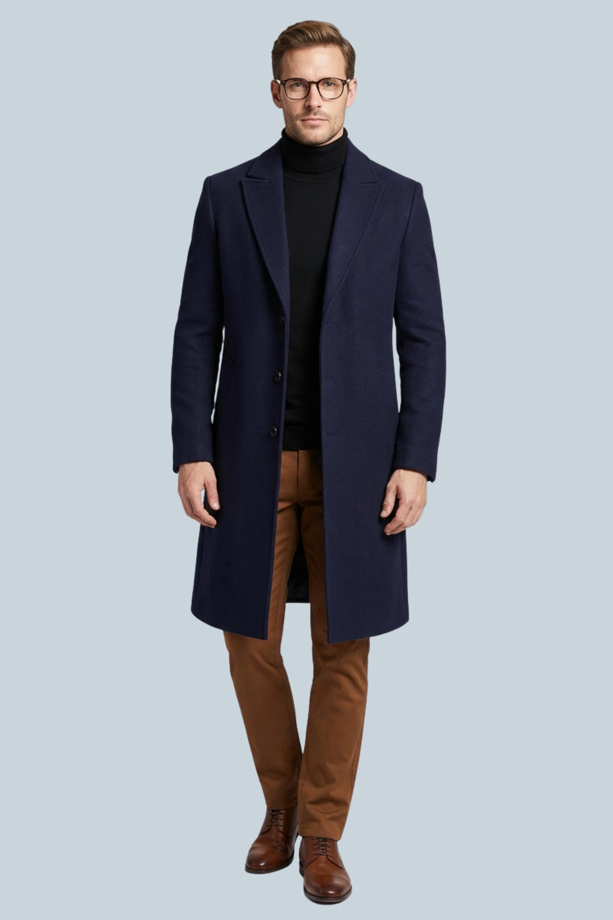 Men's slim fit long formal coat with notched lapels, button front and side pockets