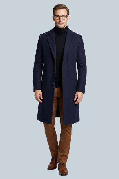 Men's slim fit long formal coat with notched lapels, button front and side pockets