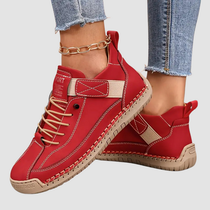 Women's casual lace-up sneakers with strap detail, contrast stitching and flat soles