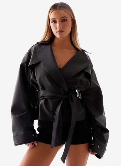 Women's black belted trench jacket with wide lapels and long sleeves