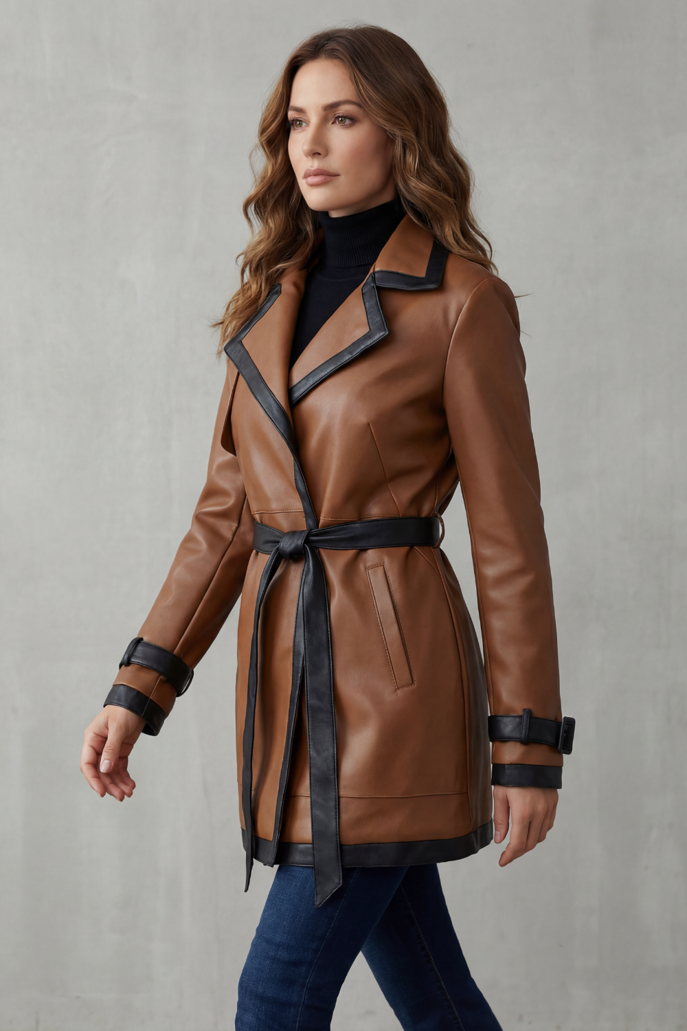 Women's brown belted trench coat with black contrast trim and long sleeves
