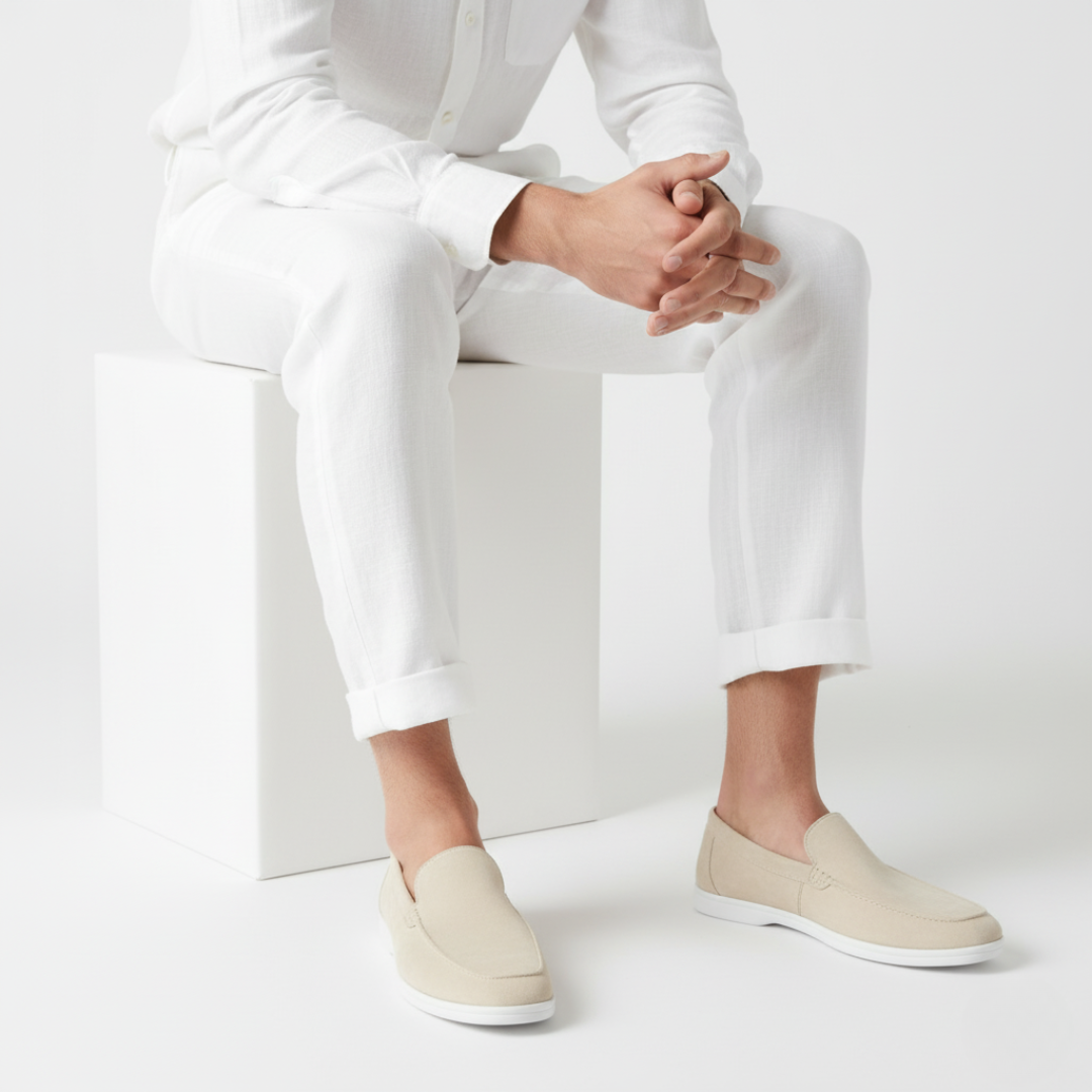 Men's plain slip-on loafers with moc toe stitching and flat light-coloured soles