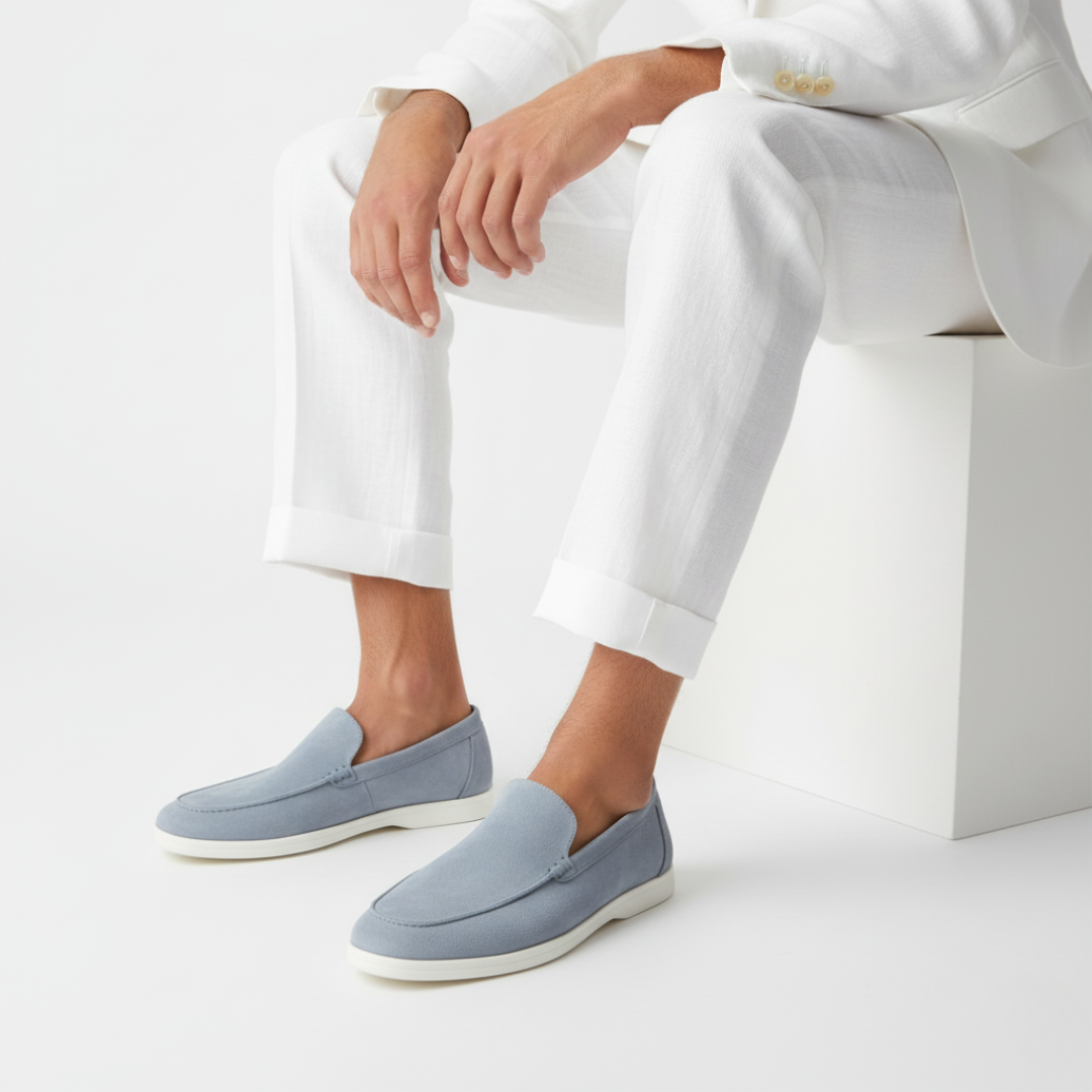 Men's plain slip-on loafers with moc toe stitching and flat light-coloured soles