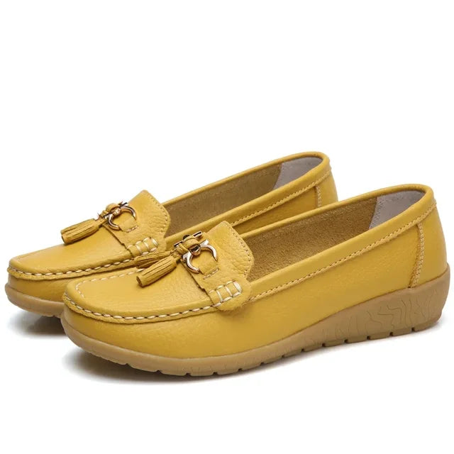Women's moc toe loafers with tassel and metal details