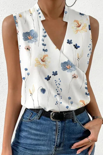 Women's Sleeveless V-Neck Blouse — Floral Wrap-Front Lightweight Summer Top