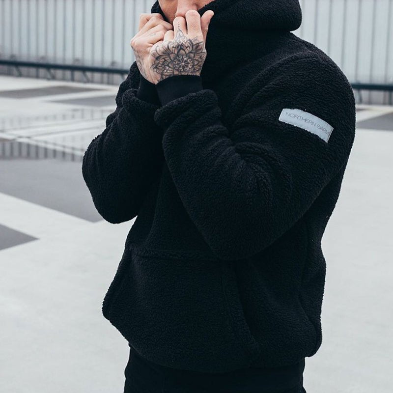 Men's sherpa pullover hoodie with hood and kangaroo pocket