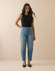 Women's blue barrel leg jeans with high-rise waist and cropped ankle-length hems