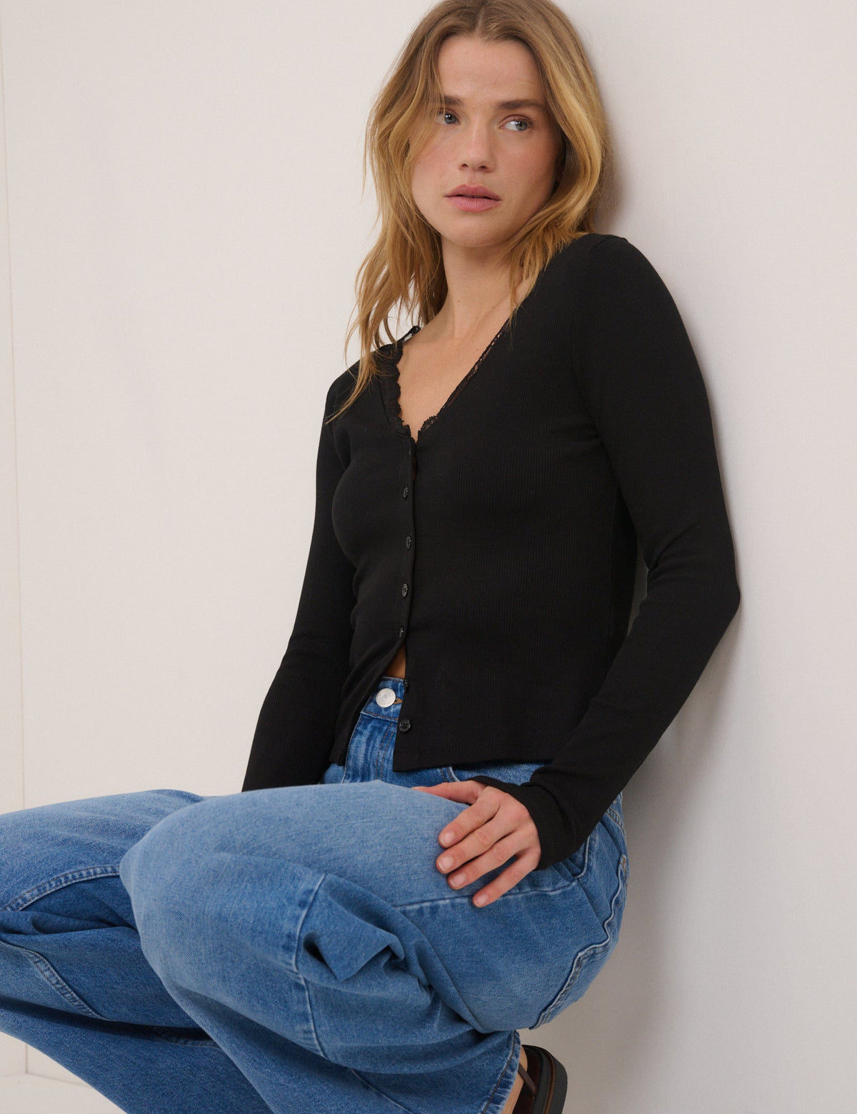 Women's black ribbed cardigan with lace-trimmed V-neckline and front buttons