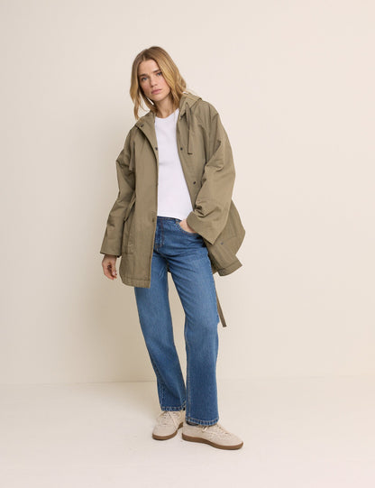 Women's olive green hooded parka jacket with long sleeves and utility pockets
