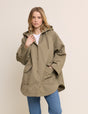Women's olive green hooded parka jacket with long sleeves and utility pockets