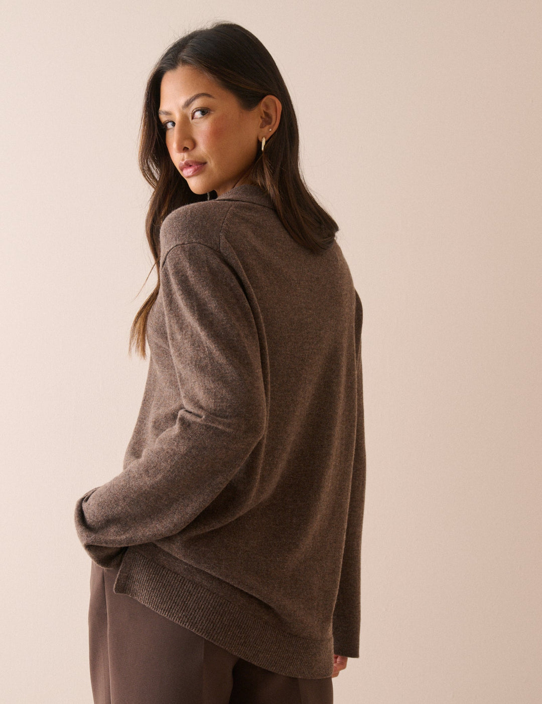 Women's brown marl knit sweater with open collar and long sleeves