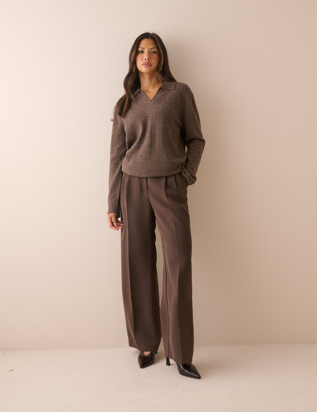 Women's brown marl knit sweater with open collar and long sleeves