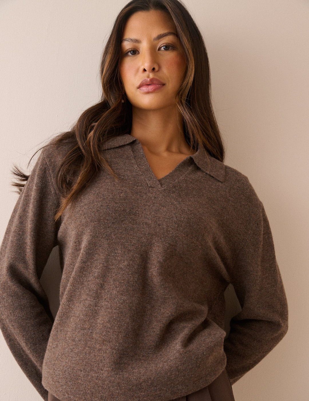 Women's brown marl knit sweater with open collar and long sleeves