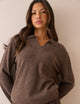 Women's brown marl knit sweater with open collar and long sleeves