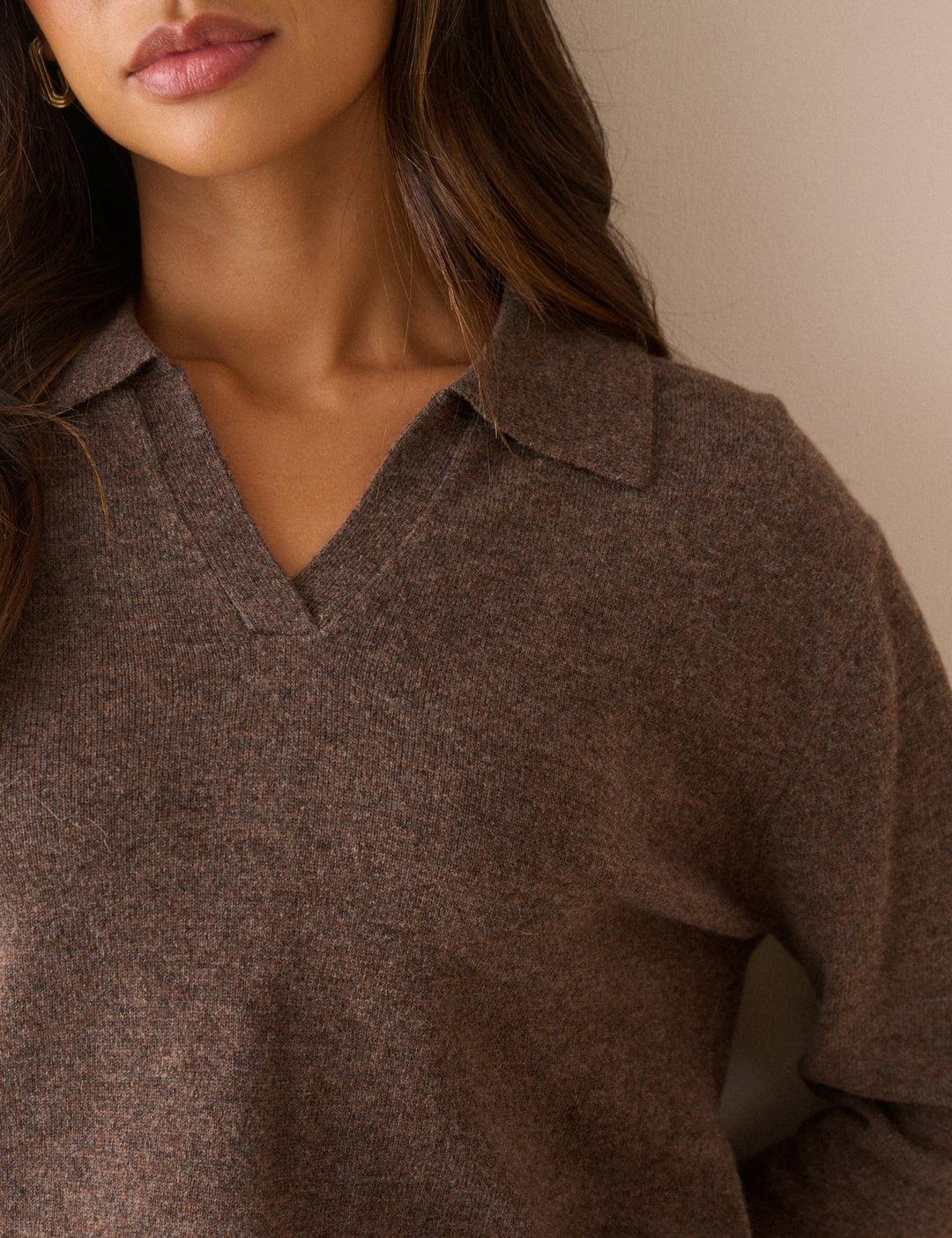 Women's brown marl knit sweater with open collar and long sleeves