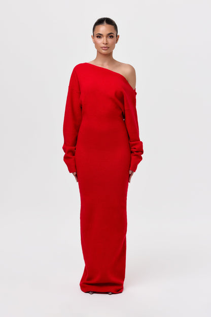 Women's asymmetric off-shoulder knit maxi dress with long sleeves