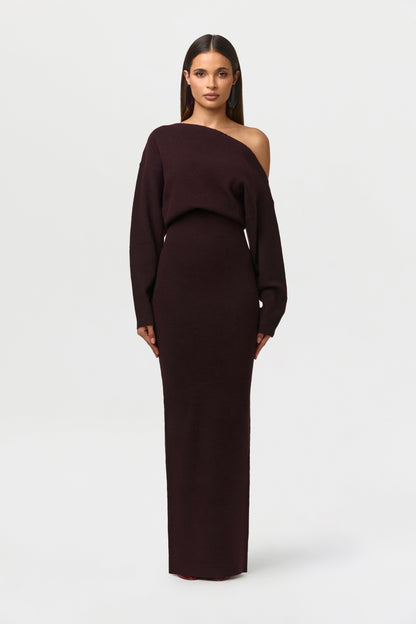 Women's asymmetric off-shoulder knit maxi dress with long sleeves