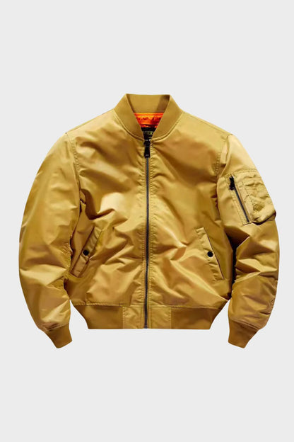 Men's bomber jacket with stand collar, zip front, ribbed trims and sleeve utility pocket