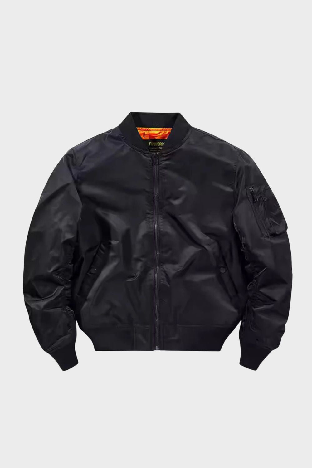 Men's bomber jacket with stand collar, zip front, ribbed trims and sleeve utility pocket