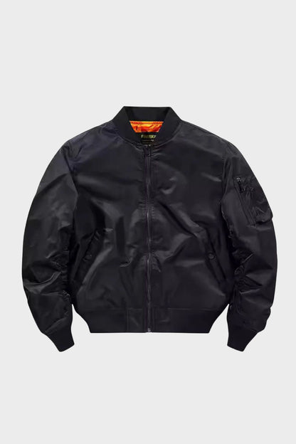 Men's bomber jacket with stand collar, zip front, ribbed trims and sleeve utility pocket