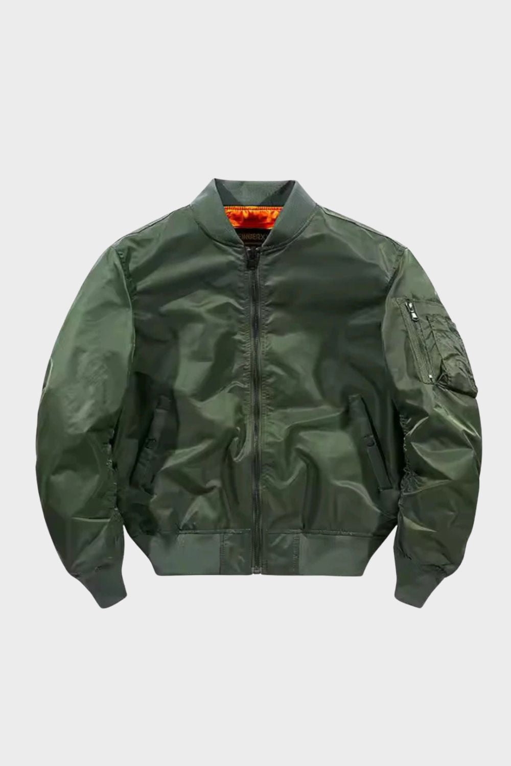 Men's bomber jacket with stand collar, zip front, ribbed trims and sleeve utility pocket