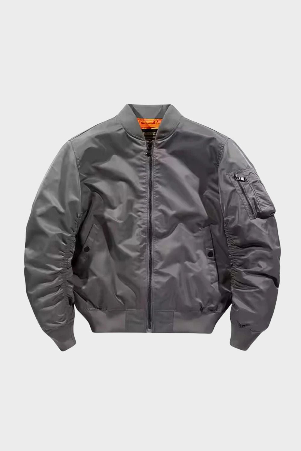 Men's bomber jacket with stand collar, zip front, ribbed trims and sleeve utility pocket