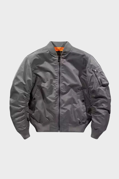 Men's bomber jacket with stand collar, zip front, ribbed trims and sleeve utility pocket