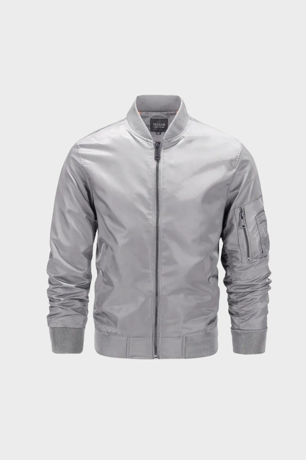 Men's bomber jacket with stand collar, zip front, ribbed trims and sleeve utility pocket