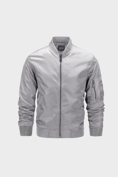 Men's bomber jacket with stand collar, zip front, ribbed trims and sleeve utility pocket