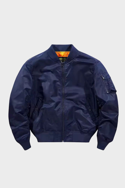 Men's bomber jacket with stand collar, zip front, ribbed trims and sleeve utility pocket