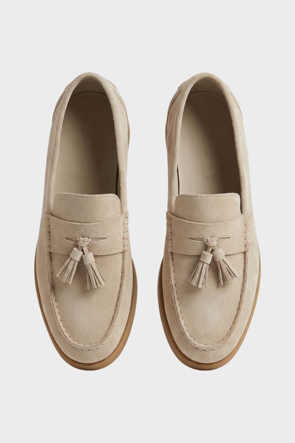 Men's khaki slip-on loafers with twin tassels