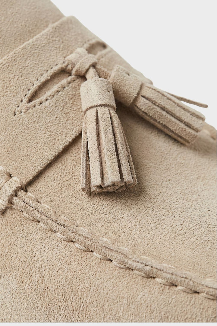 Men's khaki slip-on loafers with twin tassels
