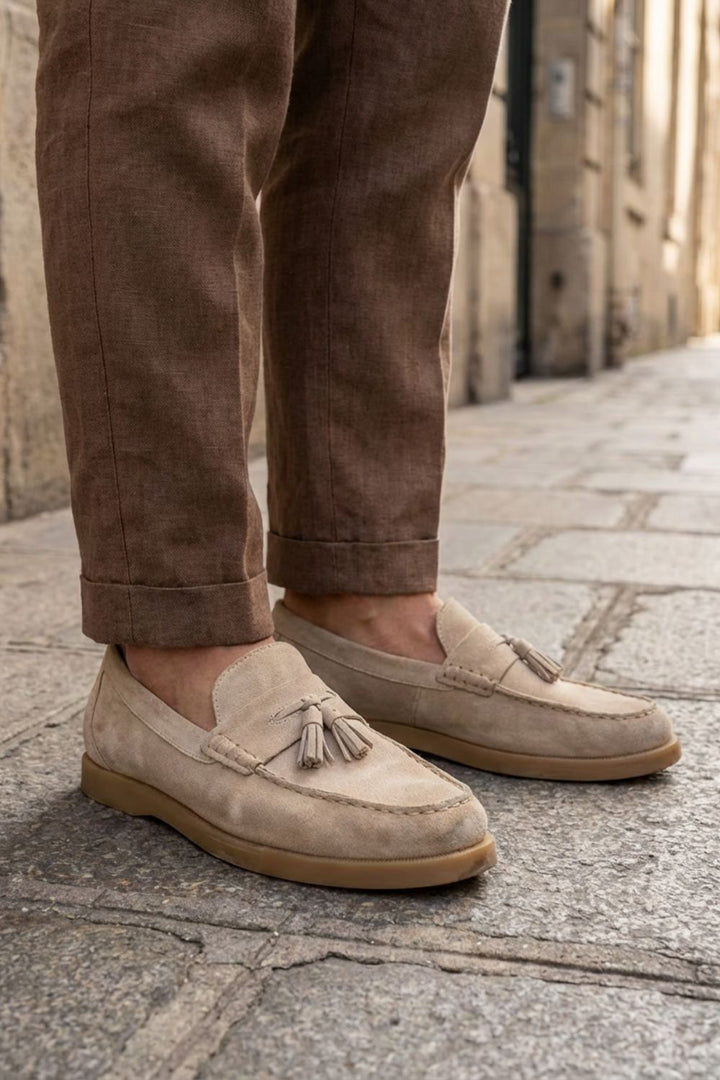 Men's khaki slip-on loafers with twin tassels