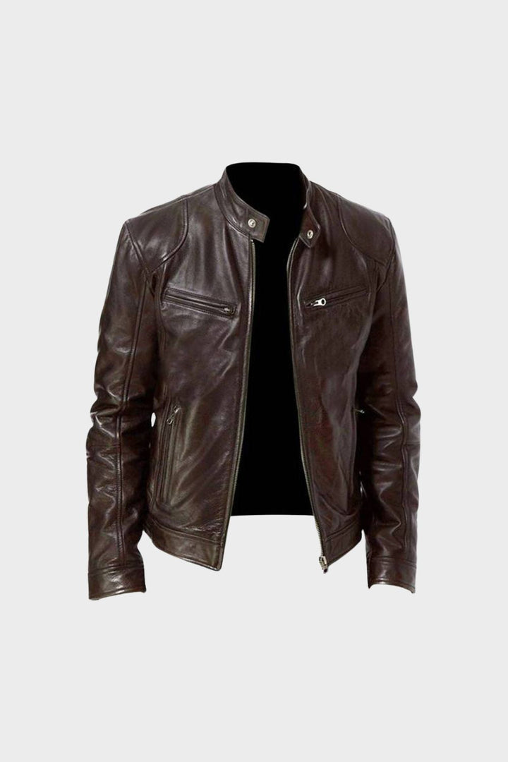 Men's waist-length biker jacket with stand collar, long sleeves and multiple zip pockets