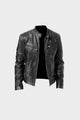 Men's waist-length biker jacket with stand collar, long sleeves and multiple zip pockets