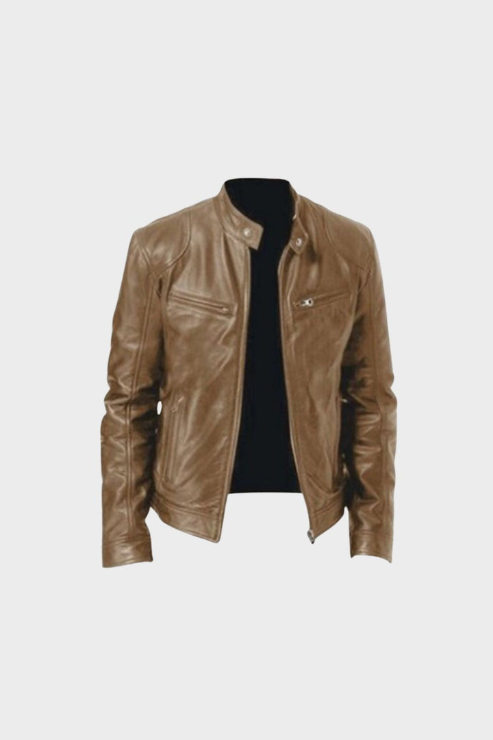 Men's waist-length biker jacket with stand collar, long sleeves and multiple zip pockets