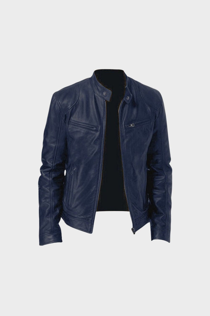 Men's waist-length biker jacket with stand collar, long sleeves and multiple zip pockets