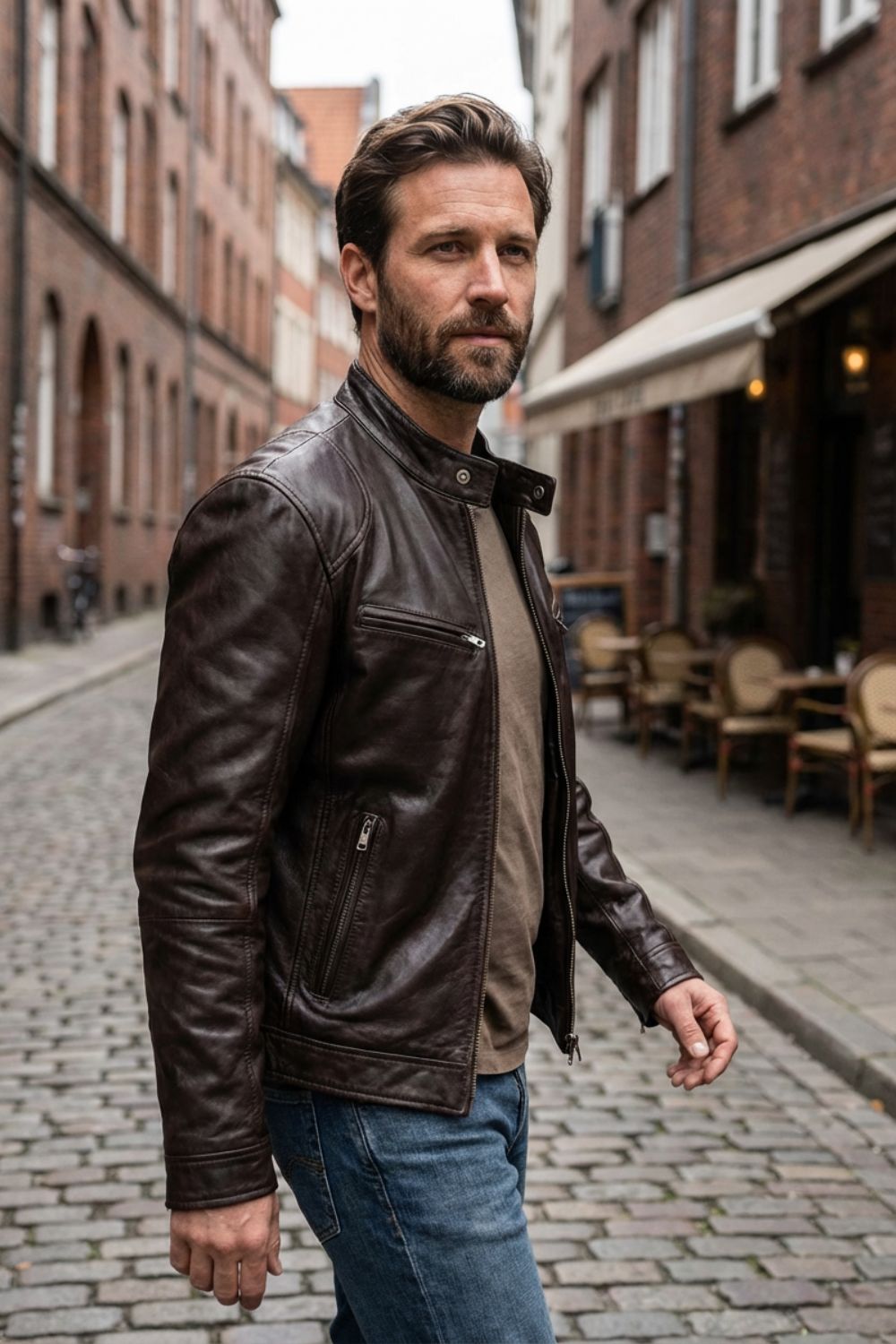 Men's waist-length biker jacket with stand collar, long sleeves and multiple zip pockets